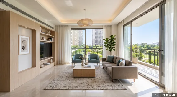 Illustrative sunlit living room with spacious balcony